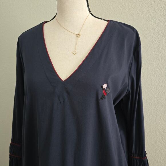GANNI Navy Blue Poplin Midi Dress M Ruffle Embroidered Boho Luxury Minimalist - Picture 7 of 15